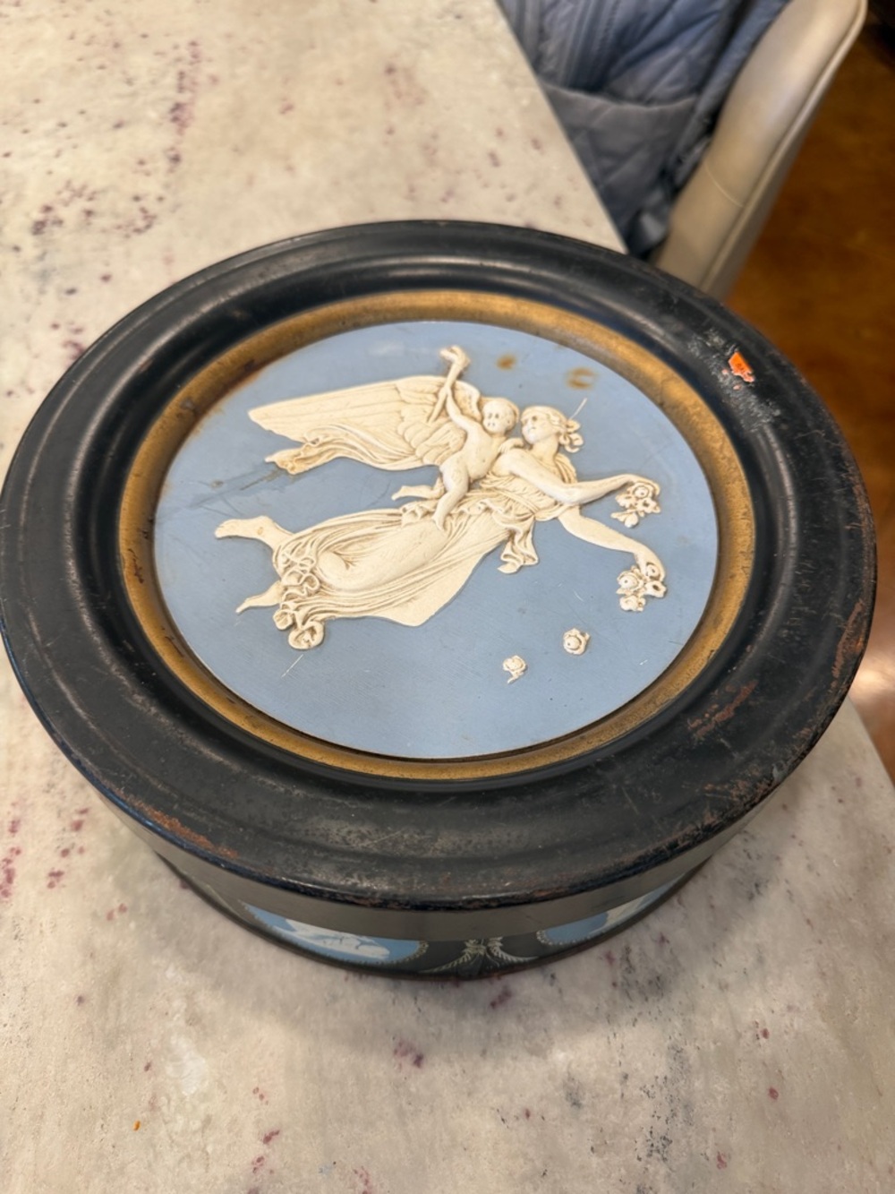 Round Blue Wedgwood and  Jasperware Style Tin Box large